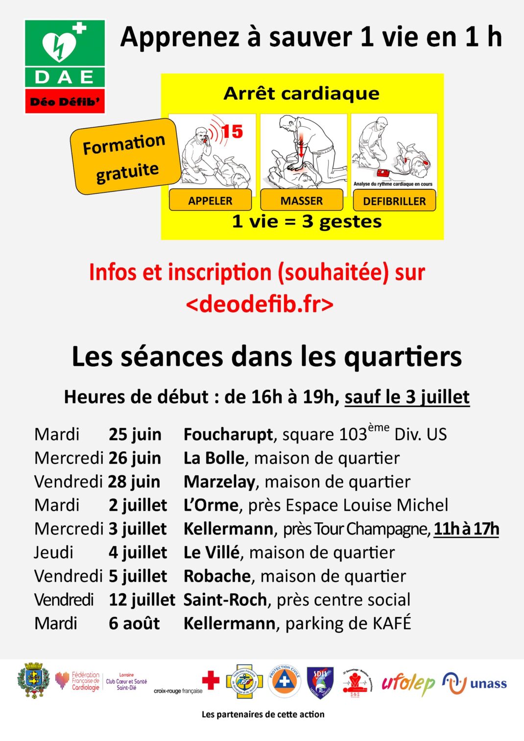 affiche des séances dans les quartiers déo defib'