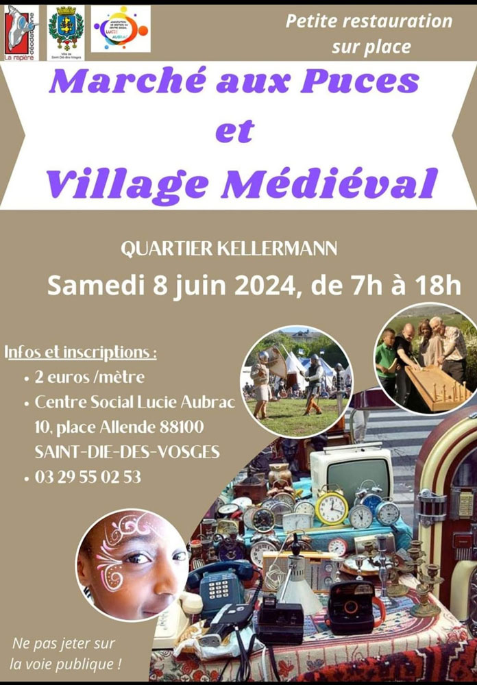 affiche du marché aux puces et village médiéval