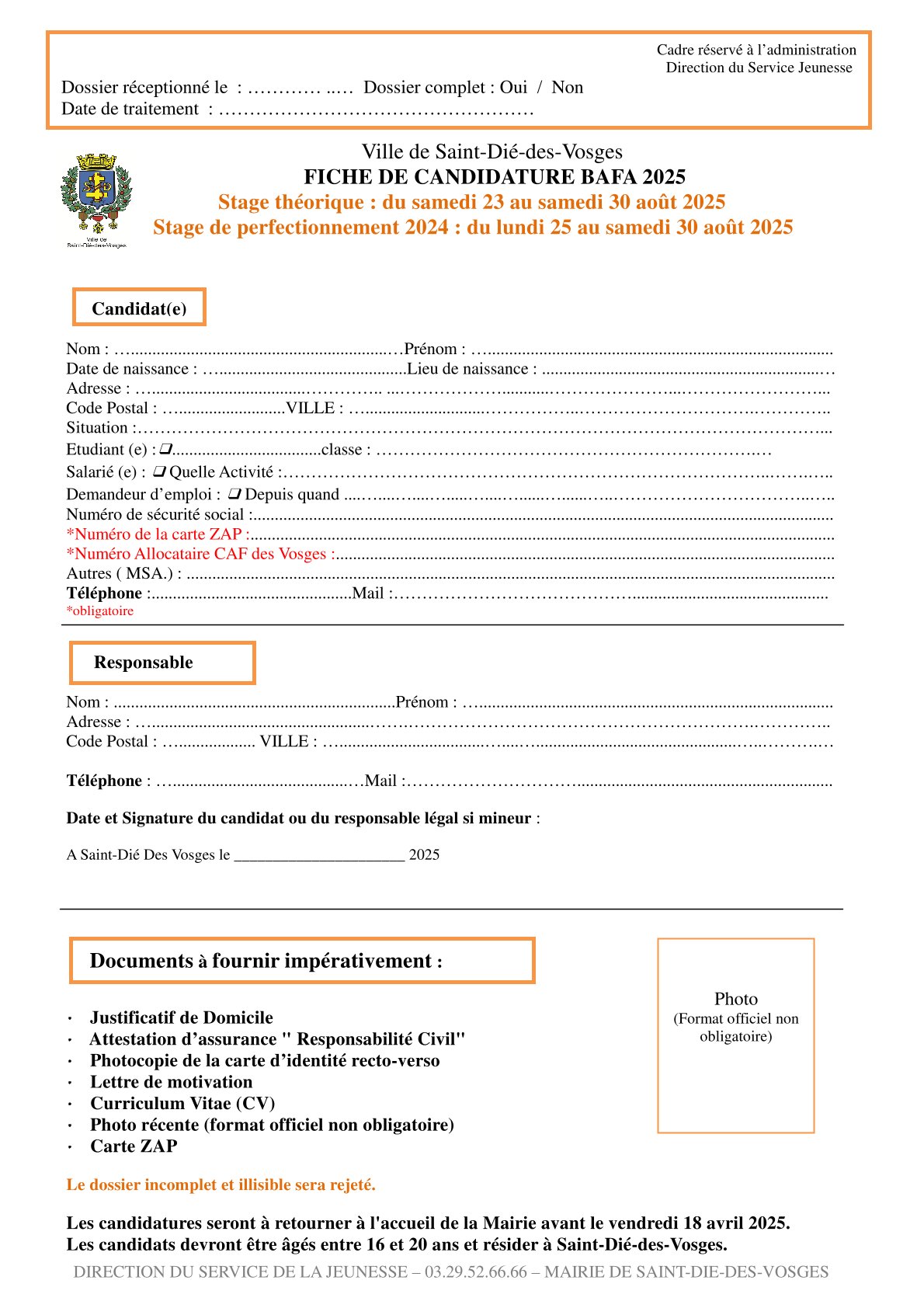 fiche de candidature bafa 2025