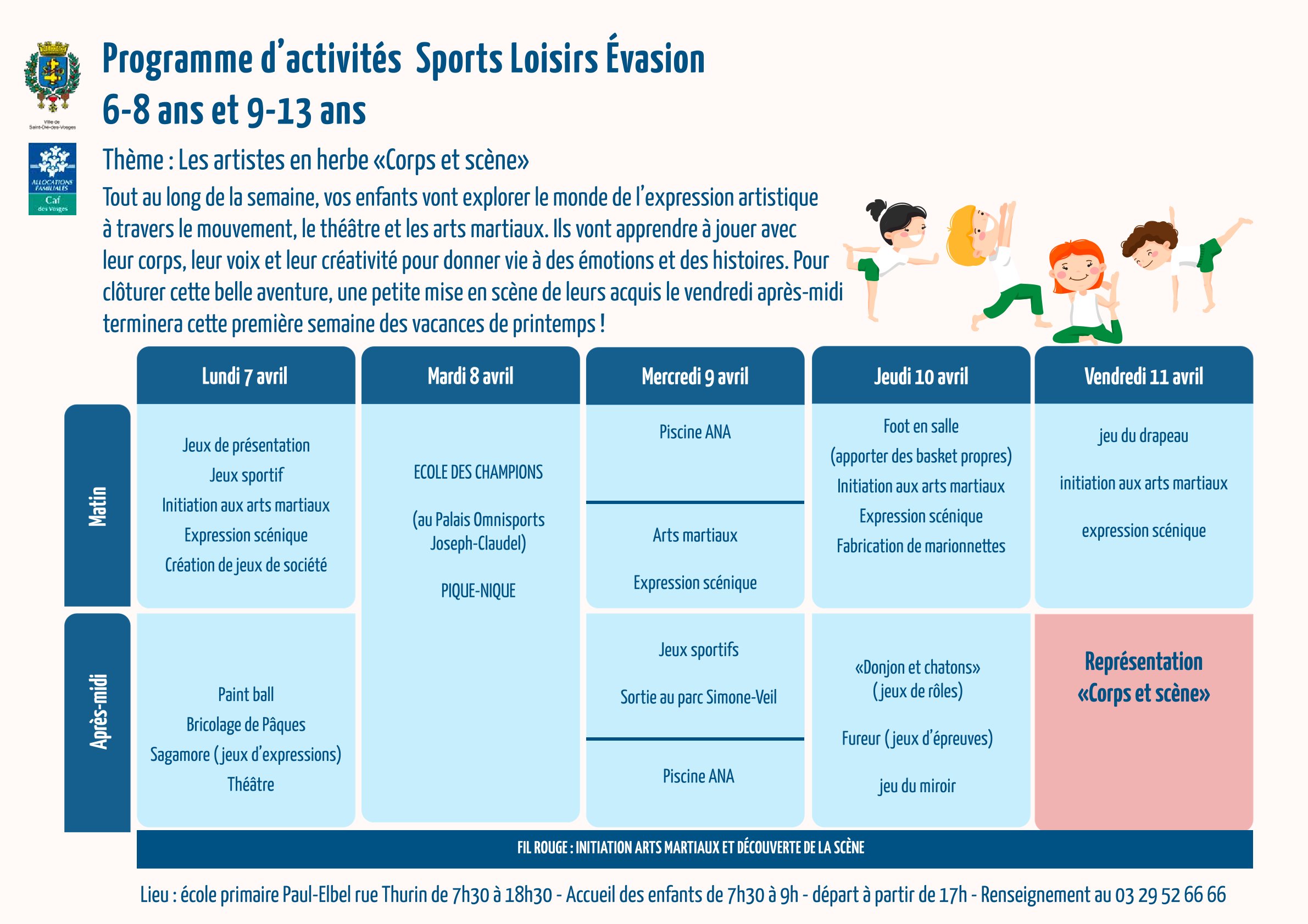 programme d'activités sports loisirs évasion pour les 6-8 ans et 9-13 ans avril 2025